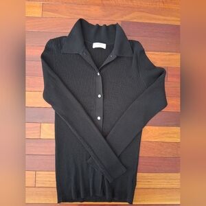 ARITZIA Babaton HomeStretch Rib Black Collared Long Sleeve Polo Cardigan Medium